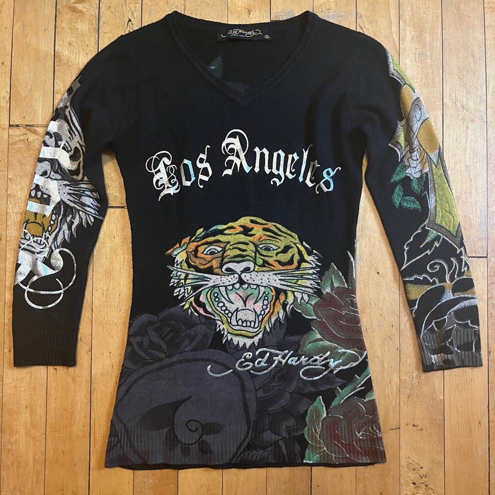 Ed Hardy by Christian Audigier Black Graphic Long Sleeve Top